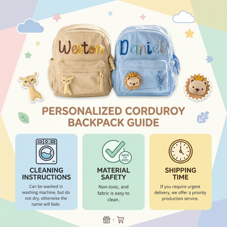 May include: Two corduroy backpacks, one beige with the name Weston and one light blue with the name Daniel, each featuring a small animal patch. The image includes text titled Personalised Corduroy Backpack Guide, cleaning instructions, and material safety icons.