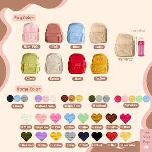 May include: A collection of backpacks in baby pink, pink, blue, beige, green, cream, red, and yellow. A beige backpack is shown with a pink water bottle, labelled 30 cm by 25 cm. Includes colour swatches and heart-shaped name colour options.