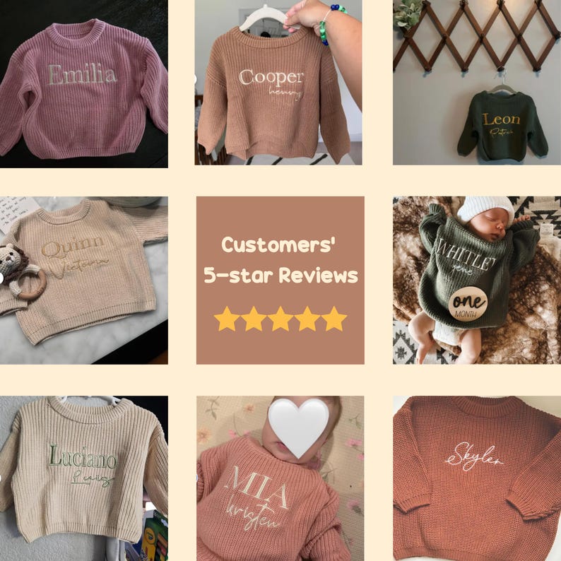 May include: A selection of personalised baby sweaters in shades of pink, brown, and green. Each sweater has a name embroidered on it in a contrasting colour. The image also includes a review section with five gold stars.
