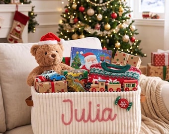 Personalized Christmas Basket • Baby Shower Gift • Toy Organizer • I-Cord Knitting Craft