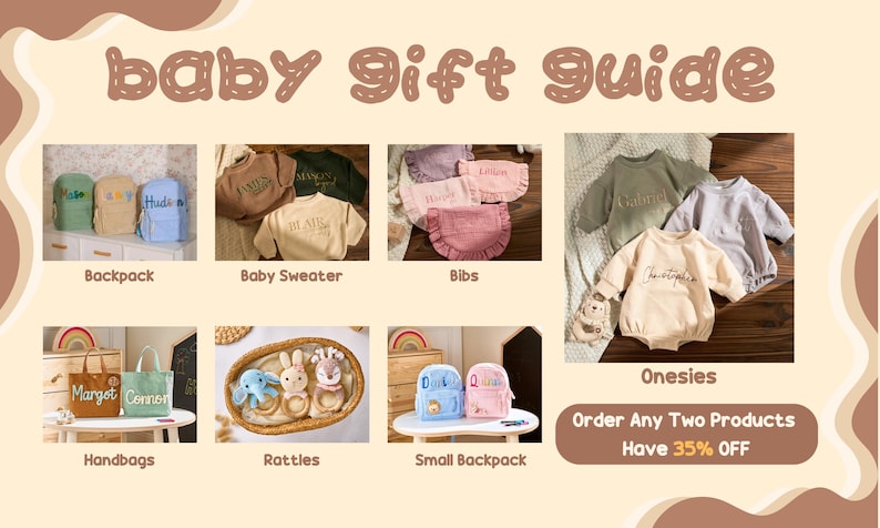 May include: A baby gift guide collage featuring personalised backpacks, sweaters, ruffled bibs, onesies, handbags, animal-shaped rattles, and small backpacks. Each item displays custom embroidered names in various colours and styles for infants.