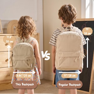 May include: Two beige corduroy backpacks shown for size comparison. The smaller backpack measures 30 cm by 25 cm. The larger regular backpack measures 38 cm by 28 cm. Both feature a front pocket, top handle, and side pockets.