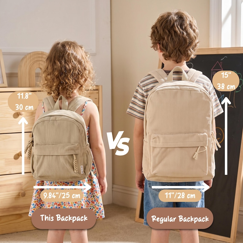 May include: Two beige corduroy backpacks shown for size comparison. The smaller backpack measures 30 cm by 25 cm. The larger regular backpack measures 38 cm by 28 cm. Both feature a front pocket, top handle, and side pockets.