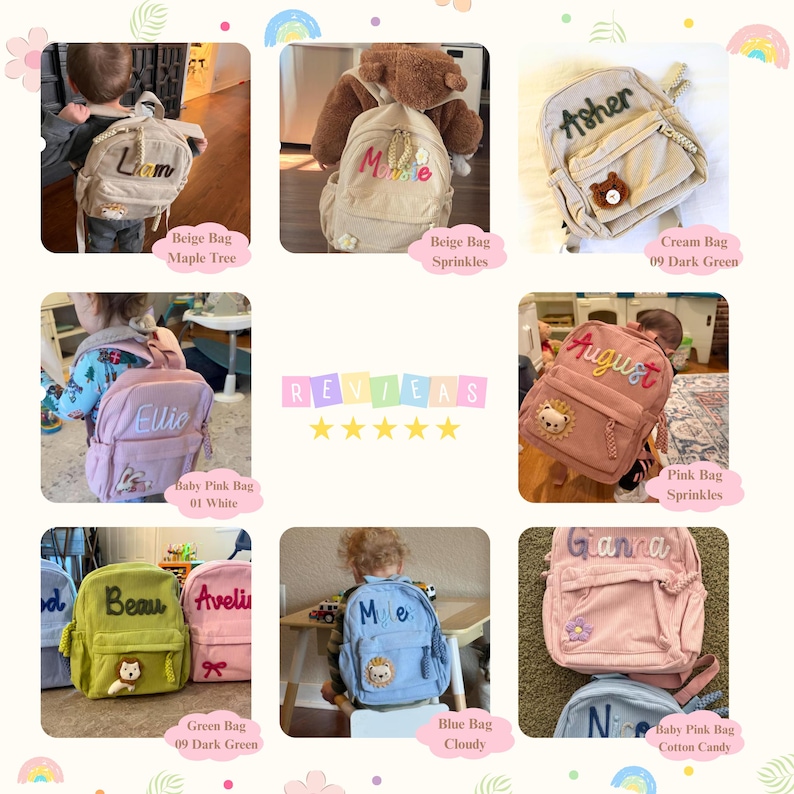 May include: A collection of small, personalised backpacks in various colours including beige, cream, pink, green, and blue. Each bag features a custom name embroidered on the front, a front zippered pocket, and a small decorative patch.