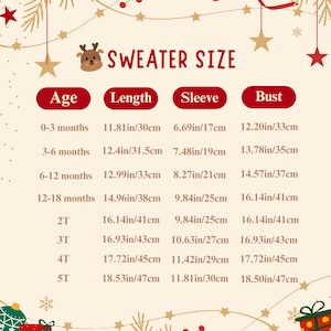 May include: A children's sweater size chart, displaying measurements in inches and centimetres. The chart covers ages from 0-3 months to 5T, detailing lengths, sleeve lengths, and bust sizes. The text "SWEATER SIZE" is at the top of the chart.