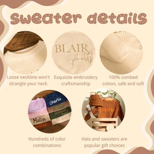 May include: Image detailing sweaters, with close-ups of the neckline, embroidery, and fabric. Text highlights features such as a loose neckline, exquisite craftsmanship, and 100% combed cotton. Various colour combinations are displayed, with hats and sweaters presented as gift options.