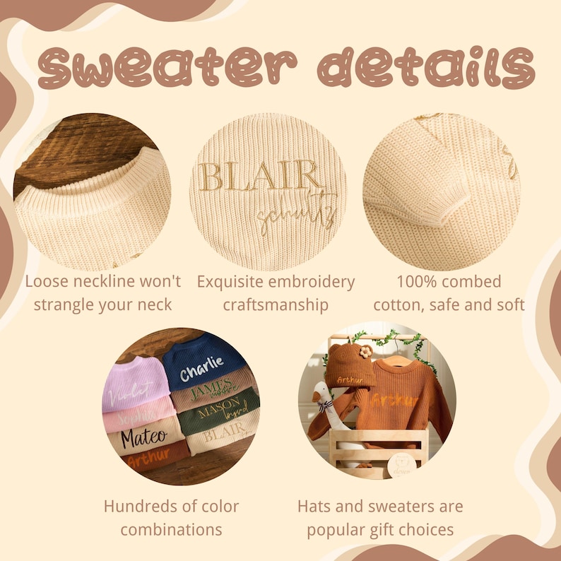May include: Image detailing sweaters, with close-ups of the neckline, embroidery, and fabric. Text highlights features such as a loose neckline, exquisite craftsmanship, and 100% combed cotton. Various colour combinations are displayed, with hats and sweaters presented as gift options.