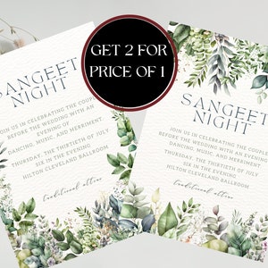 May include: Two green and white floral wedding invitation cards with the text "Sangeet Night" and details about the event. The text "Get 2 for price of 1" is in a red circle on the top of the image.