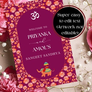 Custom Sangeet Welcome Sign for Mehndi Template, Wedding, Haldi Ceremony, Jaggo, Use for Many Functions, Royal Maroon with Floral Background