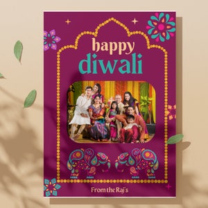 Personalisieren Sie Ihre eigene Diwali-Grußkarte mit Familienfotos, druckbar, Bunte 2 Elefanten Diwali-Karte, Diwali-Karten Sofort Download,