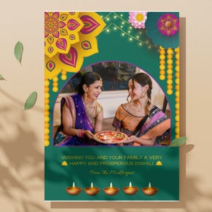 Personaliseer uw eigen Diwali-wenskaart met familiefoto's, afdrukbare, kleurrijke 2 olifanten Diwali-kaart, Diwali-kaarten direct downloaden,
