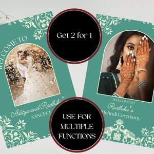 May include: Two teal welcome signs with gold accents and floral designs. The signs feature a couple dancing under a gold archway and a woman with henna on her hands, respectively. The text on the signs reads "Welcome to Aditya and Radhika's Sangeet" and "Welcome to Radhika's Mehndi Ceremony".
