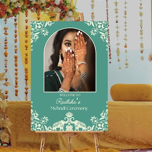 May include: A teal blue welcome sign with white floral designs and a photo of a woman with henna on her hands. The sign reads "Welcome to Radhika's Mehndi Ceremony".