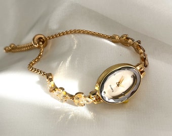 Délicate montre vintage minimaliste en or pour femme, montre à quartz pour femme, montre-bracelet, style Old Money, cerclage pour fille, petite montre, idée cadeau.