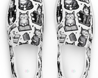 Slip-On Canvas Shoes with Cat Who Reads Books Pattern - Literary Comfort for Every Step