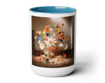 Coffee Mug -15oz, premium ceramic, two tone, colored interior, glossy finish, Paper Flowers #3