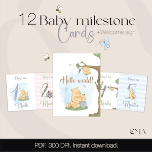 Winnie The Pooh Milestone, 12 cartes d'étape et d'anniversaire pour bébés unisexes avec style aquarelle et panneau de bienvenue pour l'impression