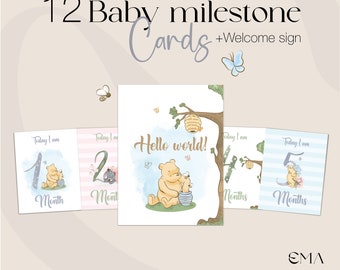Winnie The Pooh Milestone, 12 tarjetas de hitos y cumpleaños para bebes unisex con estilo en acuarela y signo de bienvenida para impresión