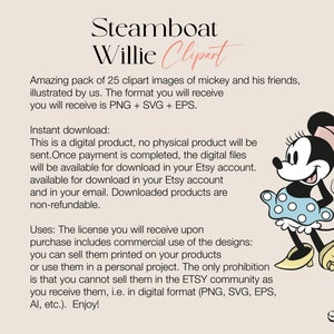 May include: A digital clipart pack of 25 images featuring Mickey Mouse and his friends. The images are available in PNG, SVG, and EPS formats. The image shows Mickey Mouse in a red and white polka dot dress with a yellow flower in her hair.