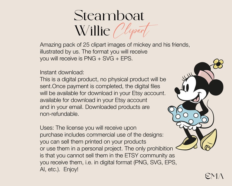 May include: A digital clipart pack of 25 images featuring Mickey Mouse and his friends. The images are available in PNG, SVG, and EPS formats. The image shows Mickey Mouse in a red and white polka dot dress with a yellow flower in her hair.