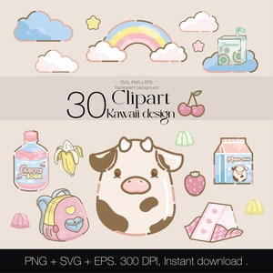 Kawaii Clipart, 30 SVG Designs, Bundle with Pop and Chibi Style PNG, EPS Clip Art Pack for Print and Cricut