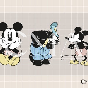 May include: Three cartoon characters, Mickey Mouse, a black dog with a blue and white plaid shirt, and a black and white mouse with red shorts, are depicted in a vintage style. Mickey Mouse is sitting with his hands on his chin, the dog is standing with a grumpy expression, and the mouse is standing with his arms crossed.