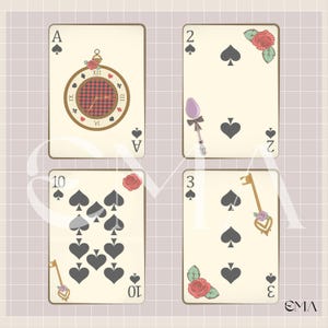 May include: Four playing cards with a vintage aesthetic. The cards feature spade suits and decorative elements like a pocket watch, spoon, key, and roses. The cards are labeled with the numbers A, 2, 3, and 10.