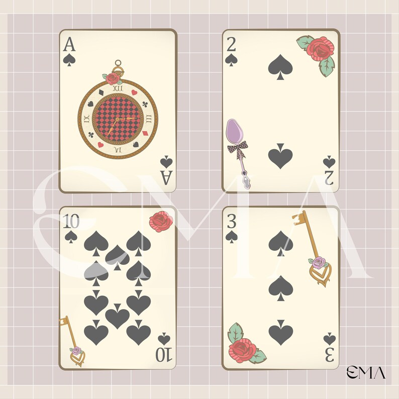 May include: Four playing cards with a vintage aesthetic. The cards feature spade suits and decorative elements like a pocket watch, spoon, key, and roses. The cards are labeled with the numbers A, 2, 3, and 10.
