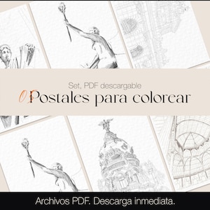 Explora MADRID con un paquete de postales digitales con una arquitectura icónica para colores o para coleccionar. Descarga instantánea