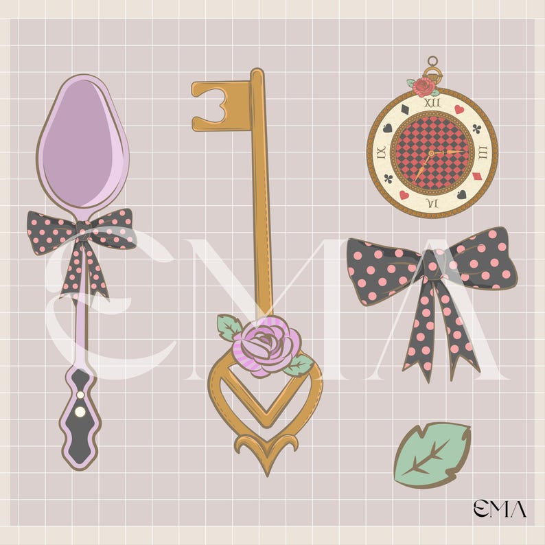 May include: Illustration of Alice in Wonderland themed elements. A spoon with a polka dot bow, a key with a rose, a pocket watch, another polka dot bow, and a leaf are arranged on a grid background. The color palette includes pink, gold, and black.
