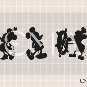 May include: Black and white silhouette of Mickey Mouse, Minnie Mouse, and Goofy. Mickey is holding a steering wheel, Minnie is wearing a bow, and Goofy is holding a rope.
