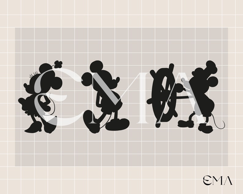 May include: Black and white silhouette of Mickey Mouse, Minnie Mouse, and Goofy. Mickey is holding a steering wheel, Minnie is wearing a bow, and Goofy is holding a rope.