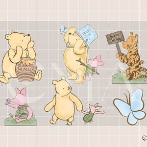 Puede incluir: Un conjunto de personajes de Winnie the Pooh y sus amigos, incluyendo Winnie the Pooh, Piglet, Tigger y una mariposa azul. Los personajes est&aacute;n ilustrados en un estilo de dibujos animados y son perfectos para una fiesta infantil o la decoraci&oacute;n de una guarder&iacute;a.