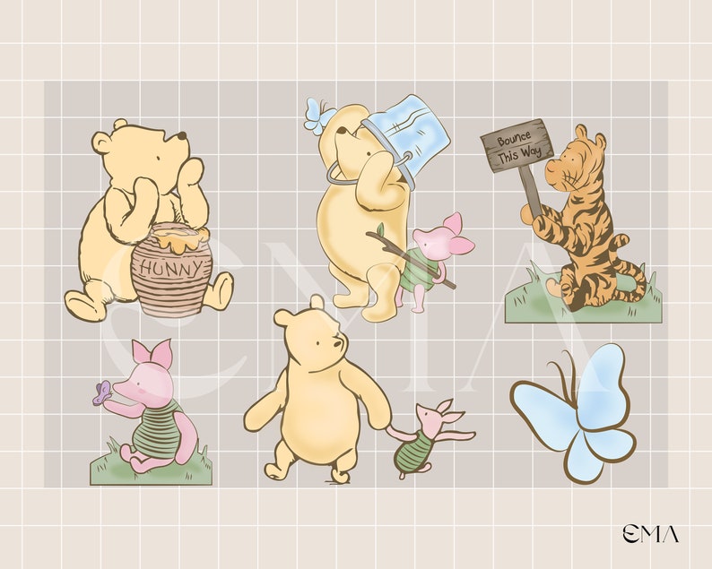 Puede incluir: Un conjunto de personajes de Winnie the Pooh y sus amigos, incluyendo Winnie the Pooh, Piglet, Tigger y una mariposa azul. Los personajes est&aacute;n ilustrados en un estilo de dibujos animados y son perfectos para una fiesta infantil o la decoraci&oacute;n de una guarder&iacute;a.