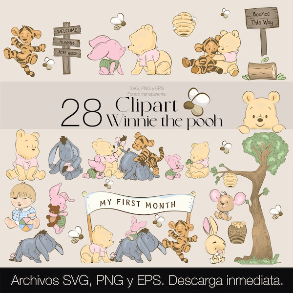 Winnie l’ourson Baby Classic Clipart / 28 SVG Designs/ Winnie l’ourson ClipArt/ Classic pooh png bundle / Winnie l’ourson aquarelle