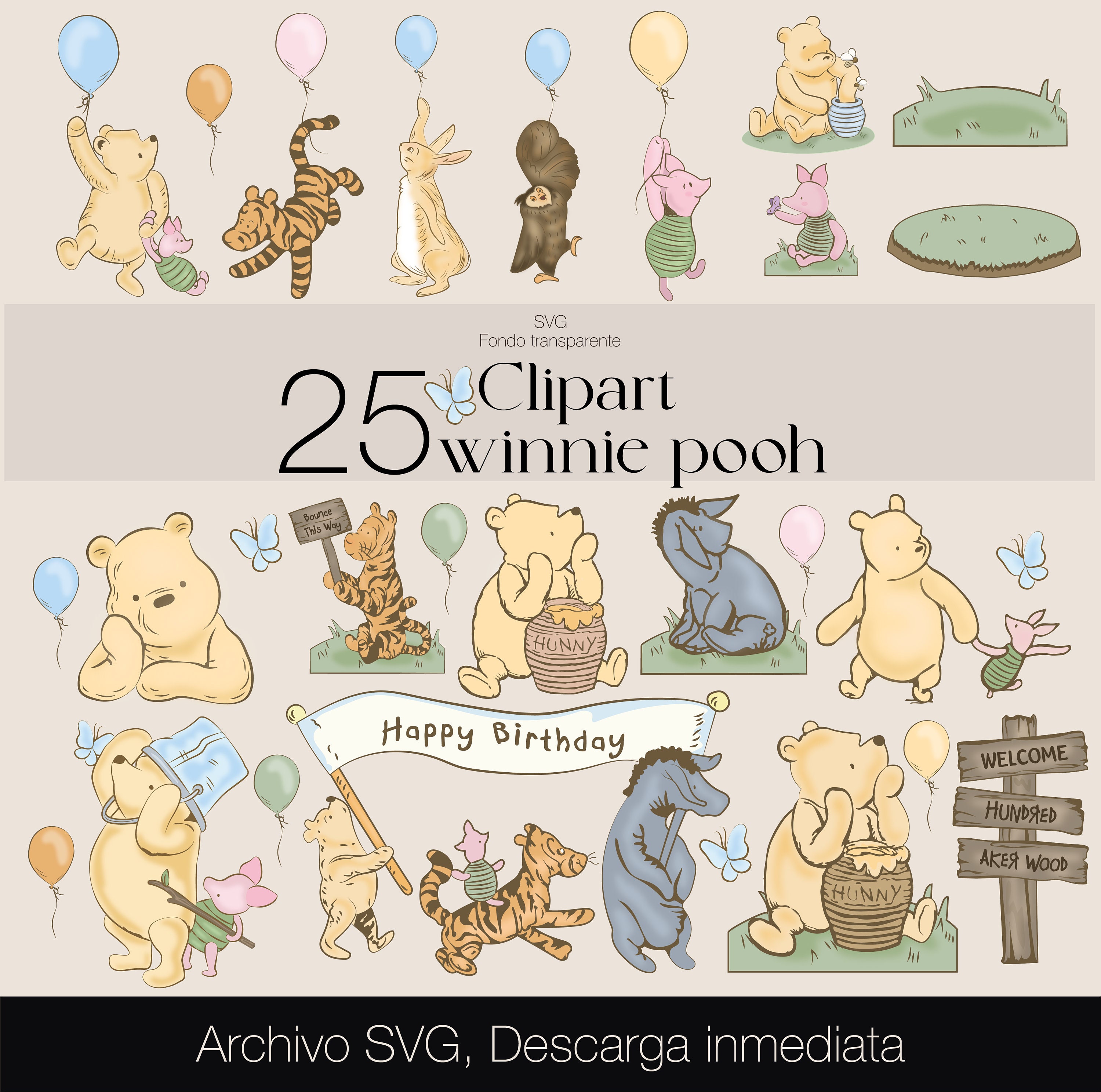 Winnie the Pooh ClipArt/ 25 Diseños SVG/ Winnie the Pooh clásico ...