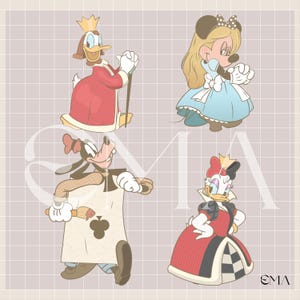 May include: Illustration featuring four Disney characters in regal attire. Donald Duck as a king in a red robe, Minnie Mouse as Alice in Wonderland, Goofy as a playing card painter, and Daisy Duck as a queen in a red and black dress.
