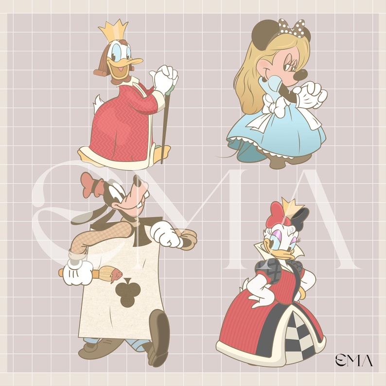 May include: Illustration featuring four Disney characters in regal attire. Donald Duck as a king in a red robe, Minnie Mouse as Alice in Wonderland, Goofy as a playing card painter, and Daisy Duck as a queen in a red and black dress.