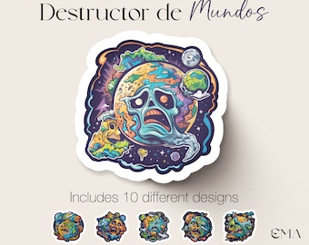 Skull Planets Stickers PNG in stile cartoon per risorse grafiche, pacchetto clipart per la stampa e uso digitale PDF