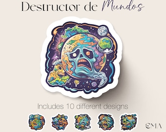 Stickers Planetas Calavera PNG en estilo cartoon para recursos gráficos, paquete de imágenes prediseñadas para impresión y uso digital PDF