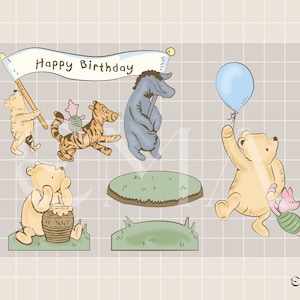 Puede incluir: Un conjunto de recortes de personajes de Winnie the Pooh para una fiesta de cumplea&ntilde;os. Los personajes incluyen Winnie the Pooh, Piglet, Tigger, Eeyore y un globo azul. La pancarta dice "Feliz cumplea&ntilde;os".
