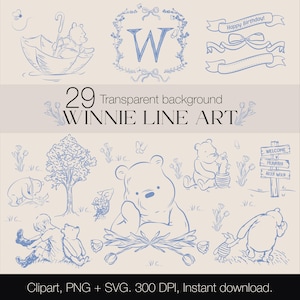 Winnie the Pooh ClipArt, 29 Diseños SVG, Winnie the Pooh clásico PNG, Paquete de pooh clásico/ Winnie the pooh Line Art