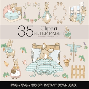 Clipart Pierre Lapin PNG, lot de 35 images SVG couleur classiques, pack d'images clipart pour impression, Cricut