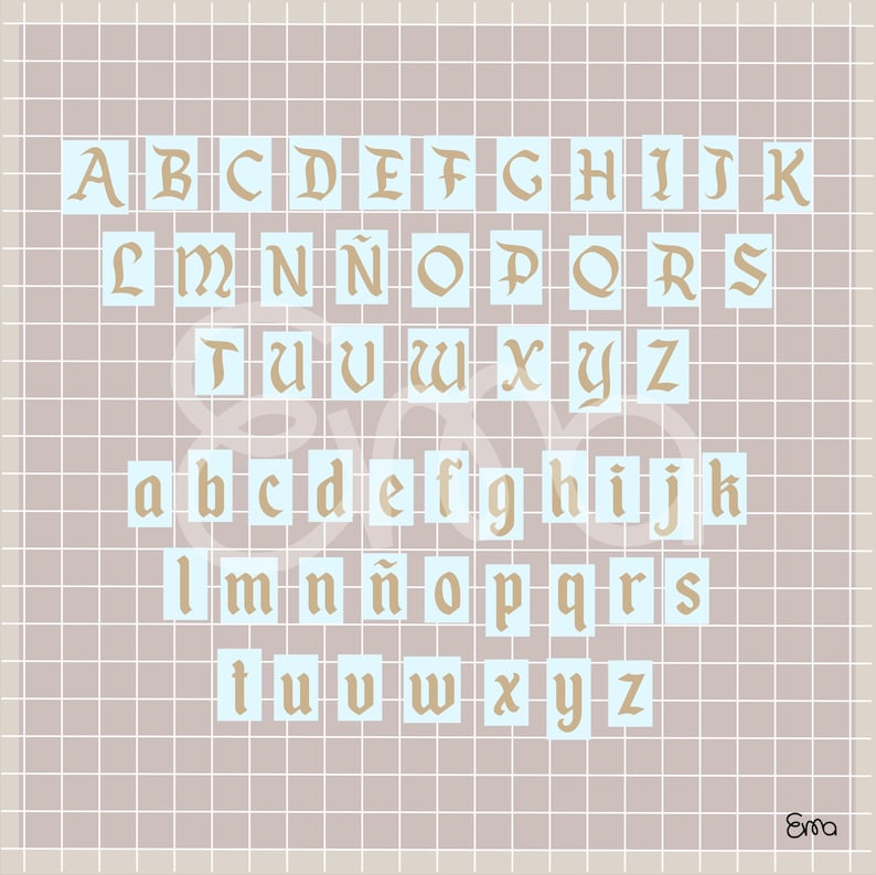May include: A complete alphabet in uppercase and lowercase, displayed in a vintage, serif font. The letters are in a light brown color, set against a light blue background, and arranged on a grid pattern. The background is a light brown color.