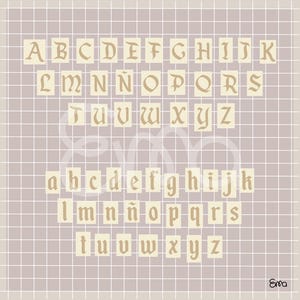 May include: A grid background with the uppercase and lowercase letters of the alphabet in a serif font. The letters are in a light brown color and are arranged in rows. The background is a light purple color.
