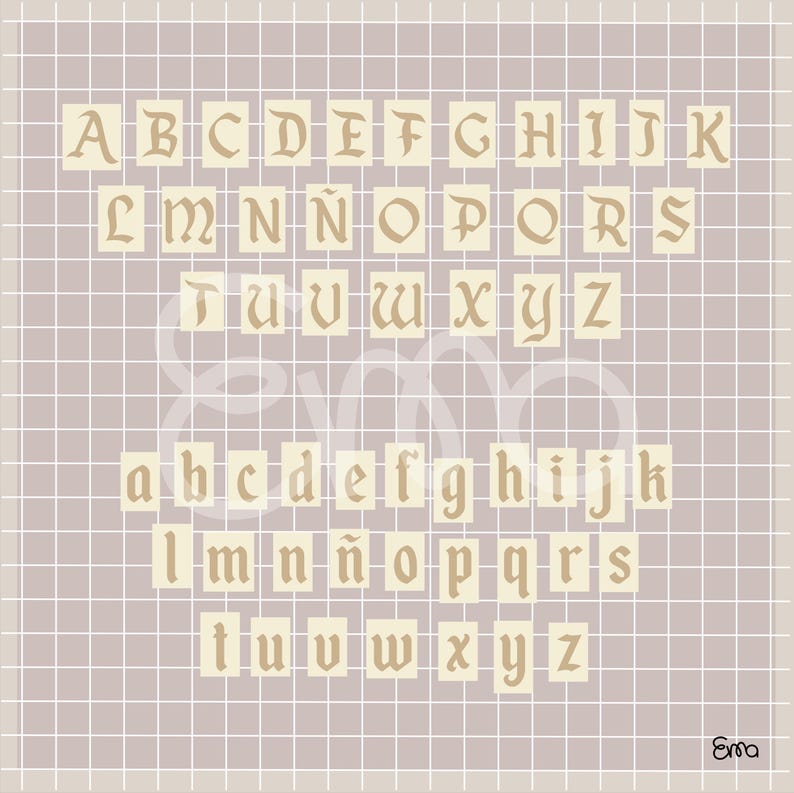 May include: A grid background with the uppercase and lowercase letters of the alphabet in a serif font. The letters are in a light brown color and are arranged in rows. The background is a light purple color.