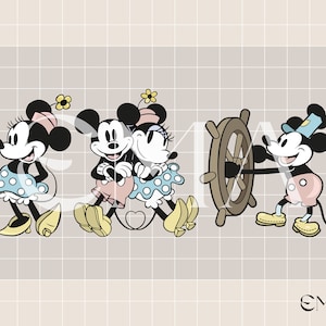 May include: A vintage-style illustration of Mickey Mouse and Minnie Mouse in various poses. Mickey is wearing a sailor hat and holding a ship's wheel. Minnie is wearing a polka dot dress and a bow. The illustration is in black and white with a light brown background.