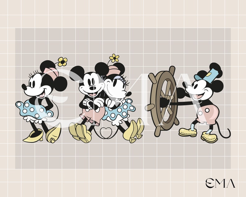 May include: A vintage-style illustration of Mickey Mouse and Minnie Mouse in various poses. Mickey is wearing a sailor hat and holding a ship's wheel. Minnie is wearing a polka dot dress and a bow. The illustration is in black and white with a light brown background.
