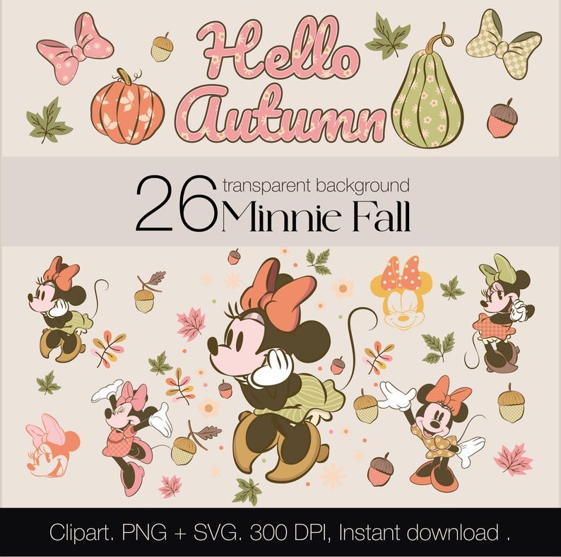 May include: A digital graphic featuring Minnie Mouse in autumn attire. The design includes pumpkins, bows, acorns, and fall leaves. Text reads "Hello Autumn" and "Minnie Fall". The image is a clipart with a transparent background.