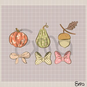May include: A collection of fall-themed illustrations, including a pumpkin, a pear-shaped gourd, and an acorn with a leaf. Also, there are three bows in different colors and patterns. The background is a grid pattern.